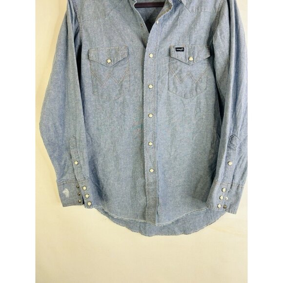 Vintage 80s Wrangler Chambray Denim Pearl Snap Button Shirt Western - Picture 4 of 6